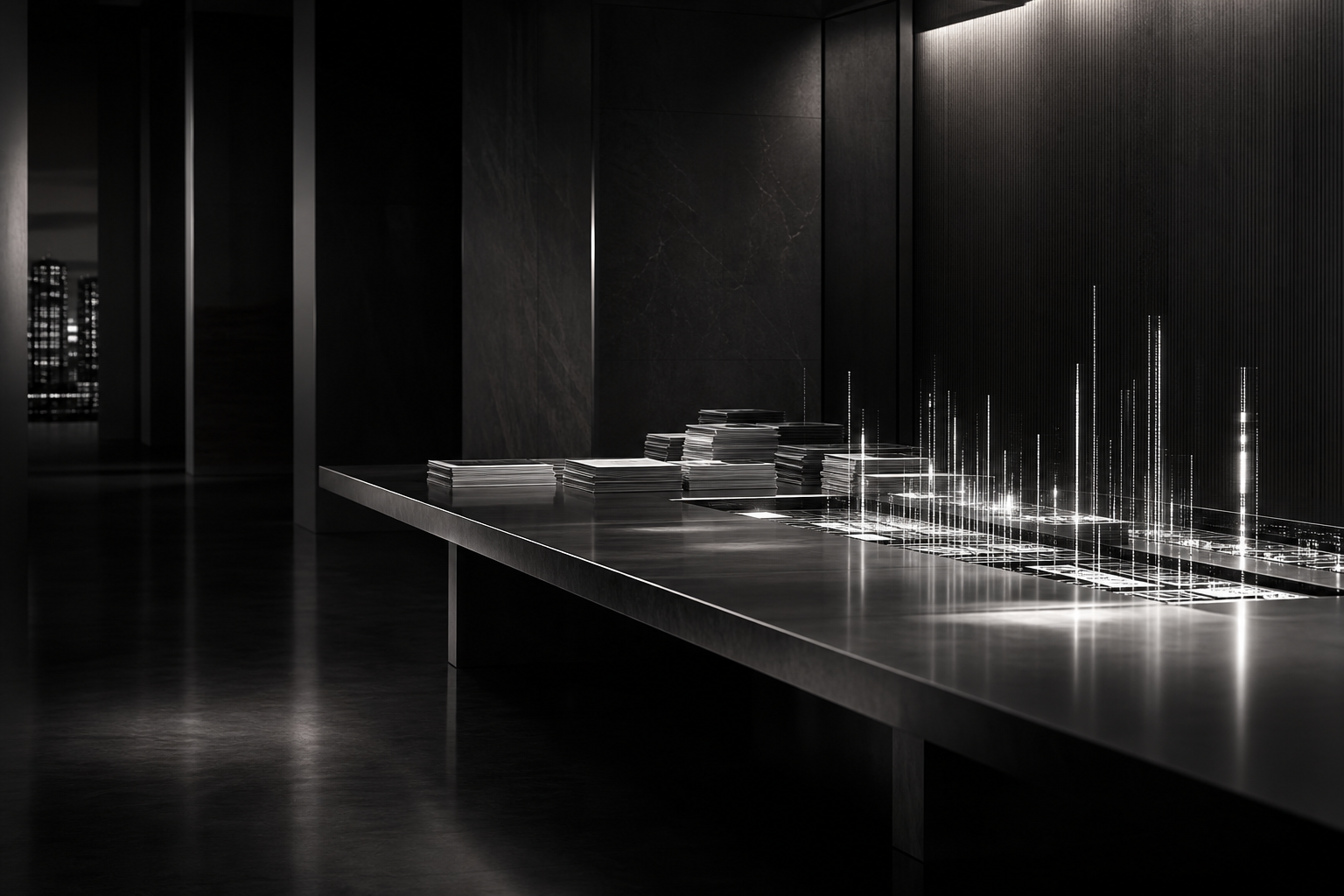 Dark professional services boardroom with documents transforming into structured data