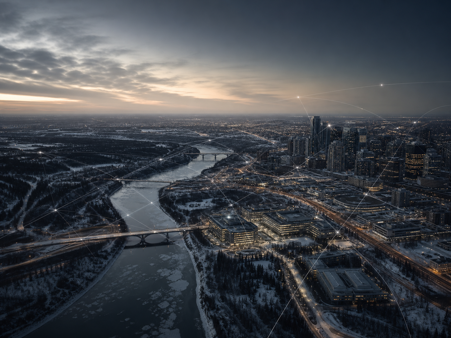 A modern northern city beside a connected river-valley landscape